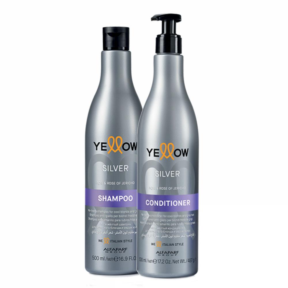 Kit Alfaparf Yellow Shampoo Conditioner Silver Deep Cleasing Hydration Hair Blonde 2x500ml/16.9fl.oz - Brazil CH
