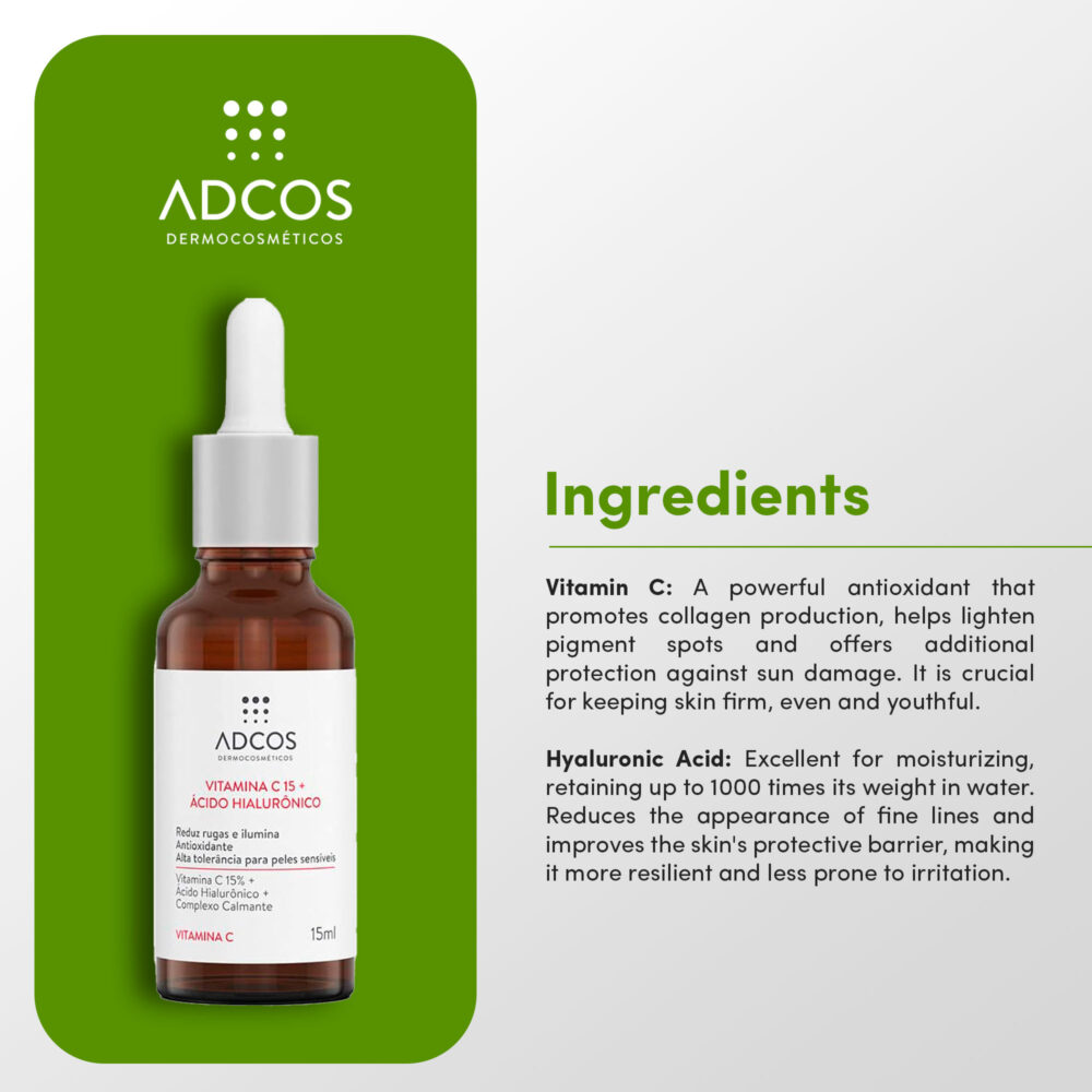 Adcos Serum Vitamin C 15 Antiaging Dermocosmetic Hyaluronic Acid 15ml/0.50 fl.oz - Image 3