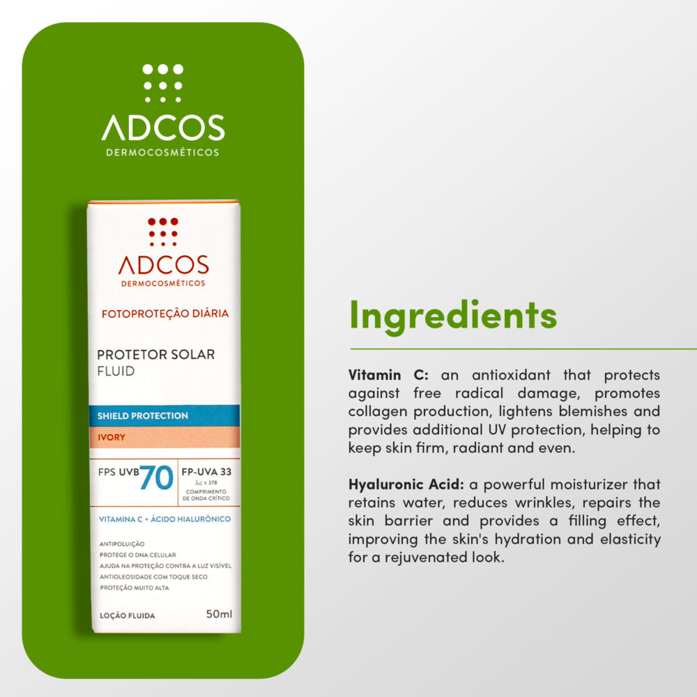 Adcos Sunscreen Fluid Shild Protection FPS 70 Colors IVORY Daily Photo Protection Hyaluronic Acid 40ml/1.35 fl.oz - Image 6
