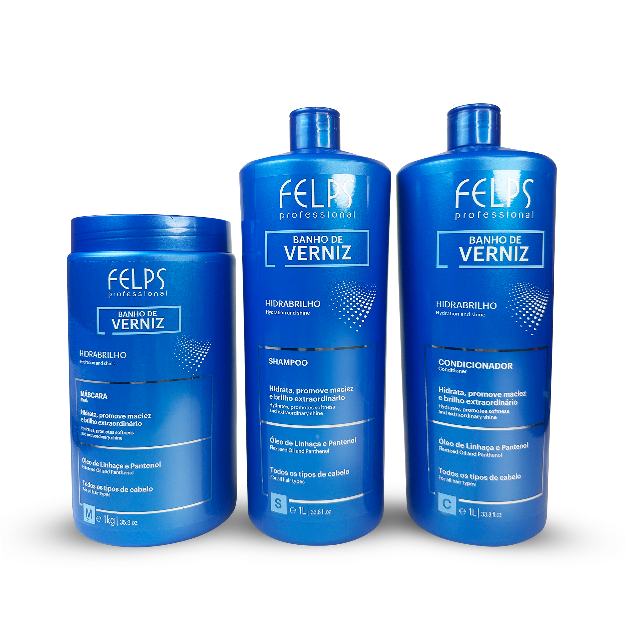 Kit Felps Shampoo Conditioner Mask Varnish Bath Complete Treatment Banho Verniz 3x1L/3×33.8fl.oz
