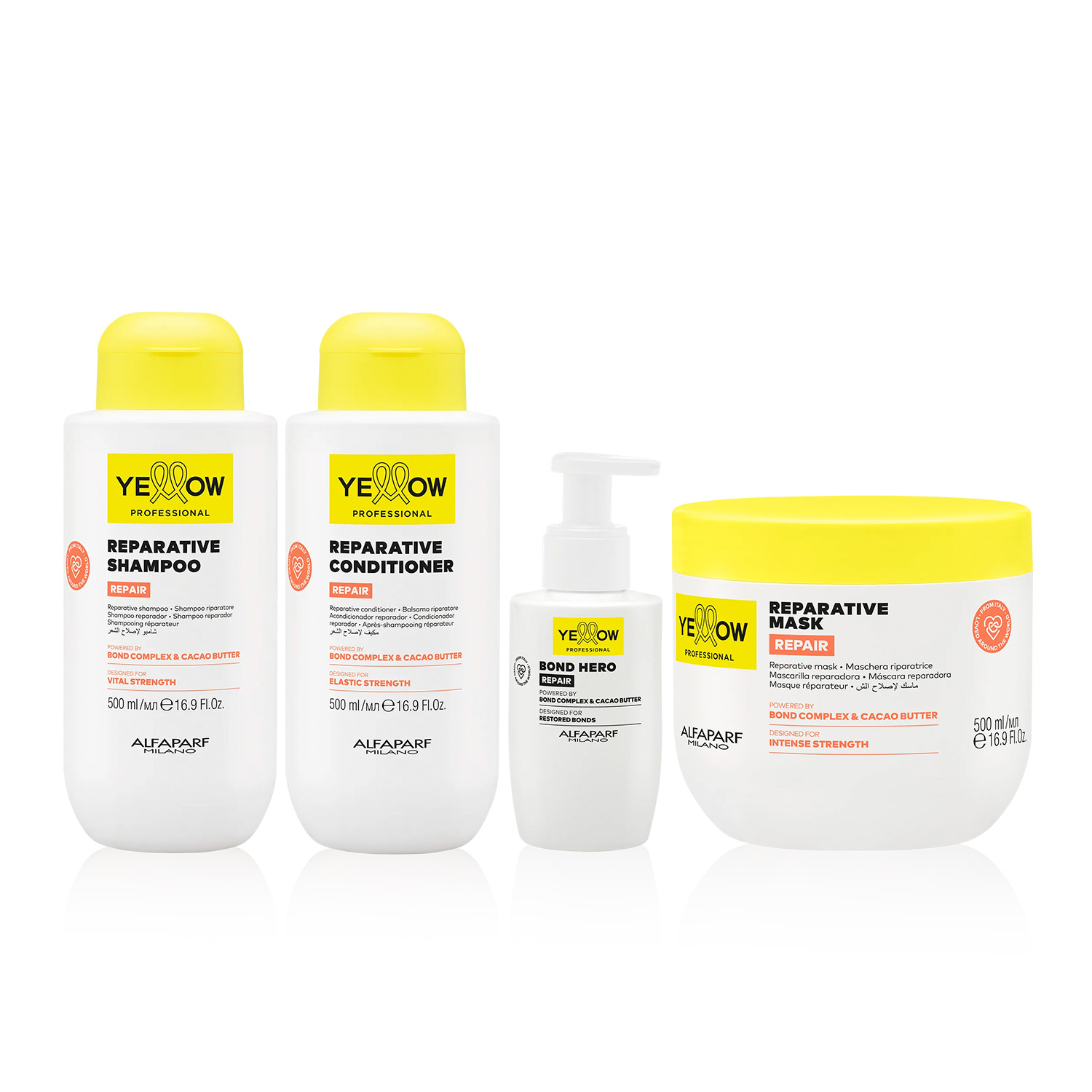 Kit Alfaparf Yellow Repair Home Care Complete Almond Proteins Cacao Normal Thick Hair 4 units