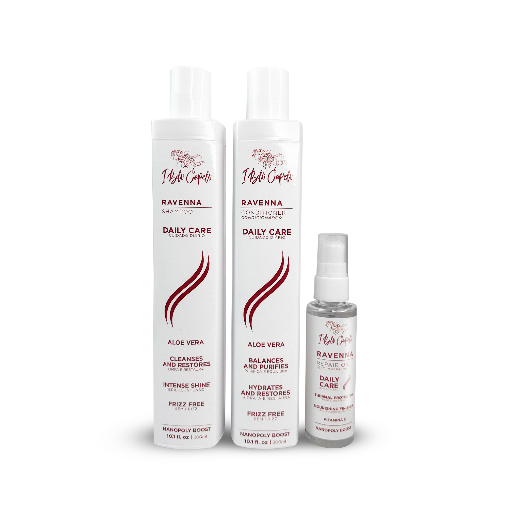 Kit I Belli Capelli Ravenna Daily Care with Aloe Vera – Shampoo (300ml) + Conditioner (300ml) + Repair Oil